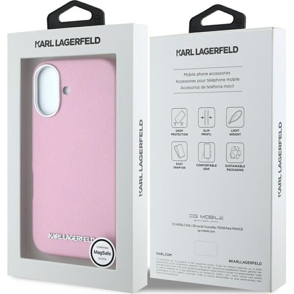 Karl Lagerfeld Saffiano Full Wrapped Elongated Metal Logo MagSafe iPhone 16 Case Pink