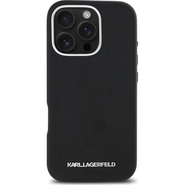 Karl Lagerfeld Saffiano Full Wrapped Elongated Metal Logo MagSafe Case for iPhone 16 Pro Black
