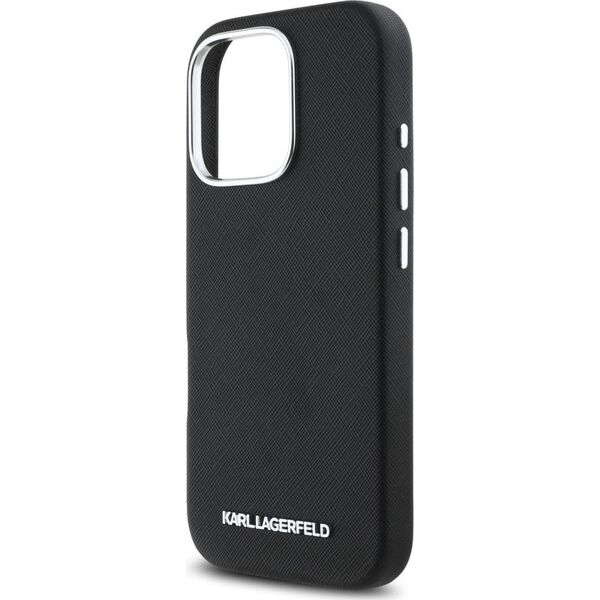 Karl Lagerfeld Saffiano Full Wrapped Elongated Metal Logo MagSafe Case for iPhone 16 Pro Black