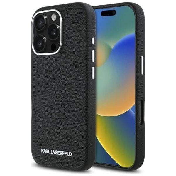 Karl Lagerfeld Saffiano Full Wrapped Elongated Metal Logo MagSafe Case for iPhone 16 Pro Black