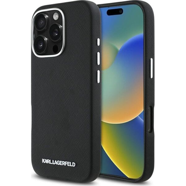 Karl Lagerfeld Saffiano Full Wrapped Elongated Metal Logo MagSafe Case for iPhone 16 Pro Max black