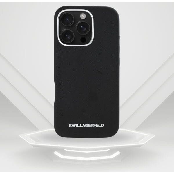 Karl Lagerfeld Saffiano Full Wrapped Elongated Metal Logo MagSafe Case for iPhone 16 Pro Max black