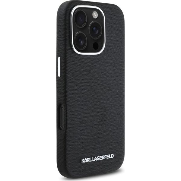 Karl Lagerfeld Saffiano Full Wrapped Elongated Metal Logo MagSafe Case for iPhone 16 Pro Max black