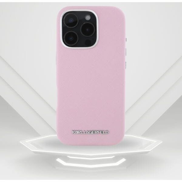 Karl Lagerfeld Saffiano Full Wrapped Elongated Metal Logo MagSafe Case for iPhone 16 Pro Max Pink