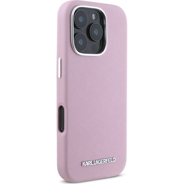 Karl Lagerfeld Saffiano Full Wrapped Elongated Metal Logo MagSafe Case for iPhone 16 Pro Max Pink