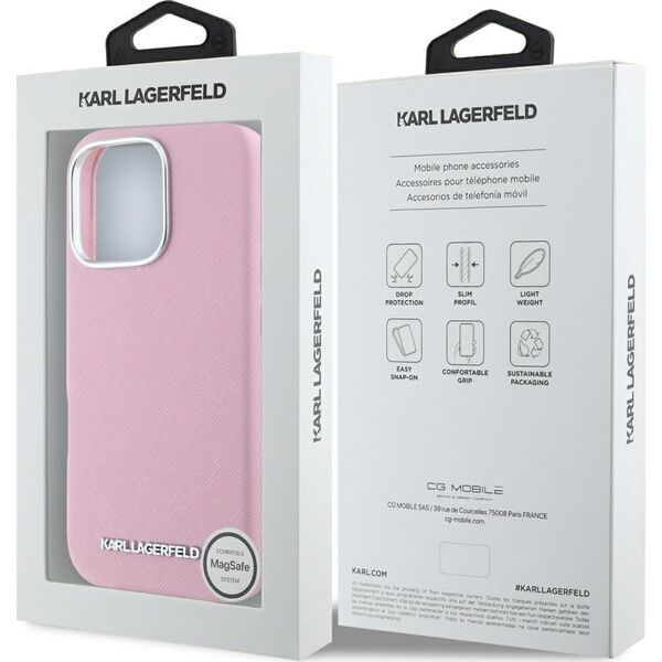 Karl Lagerfeld Saffiano Full Wrapped Elongated Metal Logo MagSafe Case for iPhone 16 Pro Max Pink
