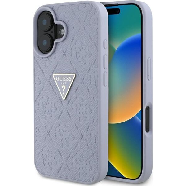 Guess Hot Stamp 4G Pattern Triangle Metal Logo iPhone 16 Case Purple