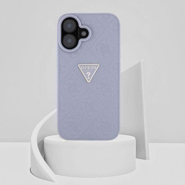 Guess Hot Stamp 4G Pattern Triangle Metal Logo iPhone 16 Case Purple