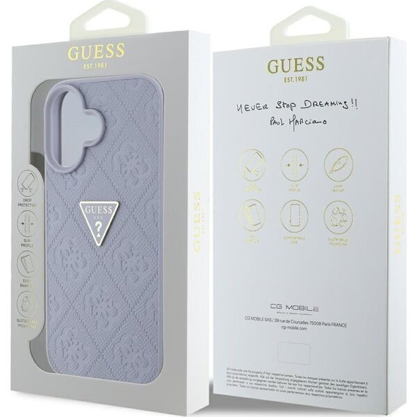 Guess Hot Stamp 4G Pattern Triangle Metal Logo iPhone 16 Case Purple