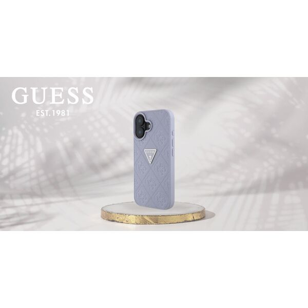 Guess Hot Stamp 4G Pattern Triangle Metal Logo iPhone 16 Case Purple