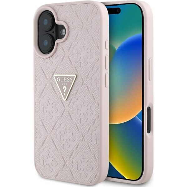 Guess Hot Stamp 4G Pattern Triangle Metal Logo iPhone 16 Case Pink