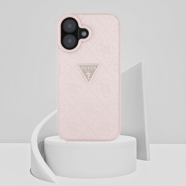 Guess Hot Stamp 4G Pattern Triangle Metal Logo iPhone 16 Case Pink