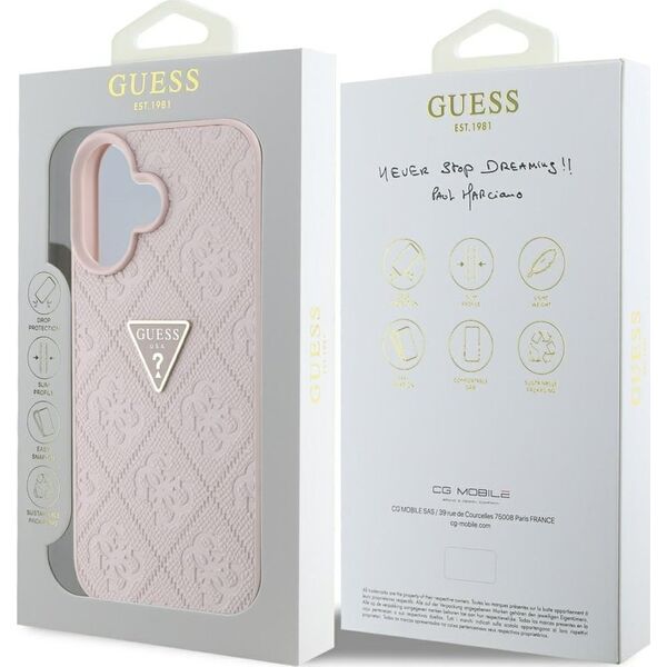 Guess Hot Stamp 4G Pattern Triangle Metal Logo iPhone 16 Case Pink