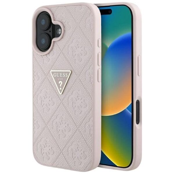 Guess Hot Stamp 4G Pattern Triangle Metal Logo iPhone 16 Case Pink