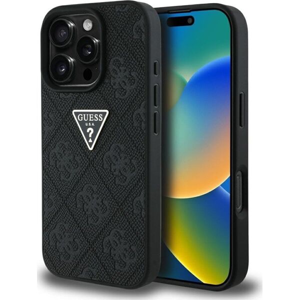 Guess Hot Stamp 4G Pattern Triangle Metal Logo case for iPhone 16 Pro Max black