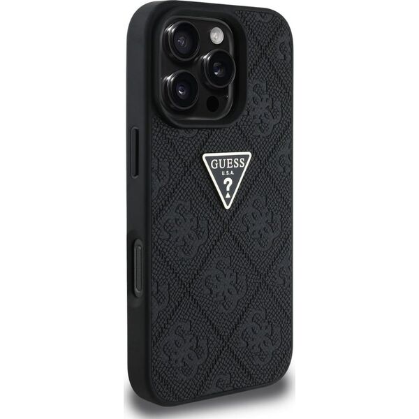 Guess Hot Stamp 4G Pattern Triangle Metal Logo case for iPhone 16 Pro Max black