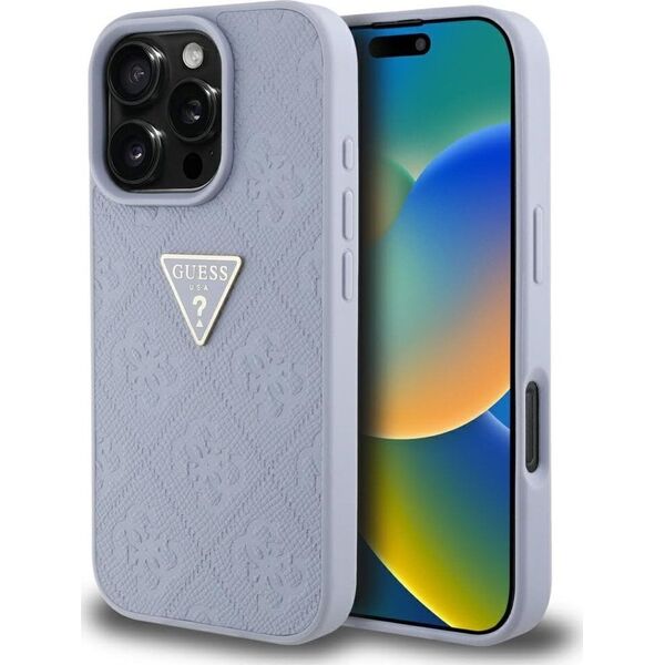 Guess Hot Stamp 4G Pattern Triangle Metal Logo Case for iPhone 16 Pro Max Purple