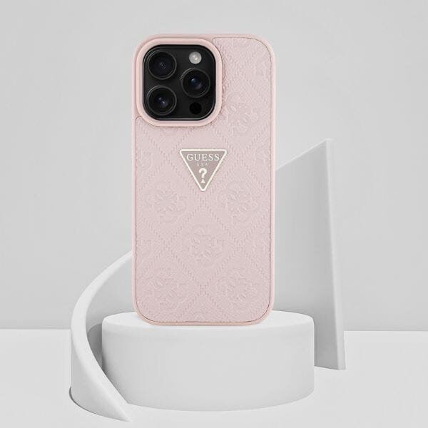 Guess Hot Stamp 4G Pattern Triangle Metal Logo iPhone 16 Pro Case Pink