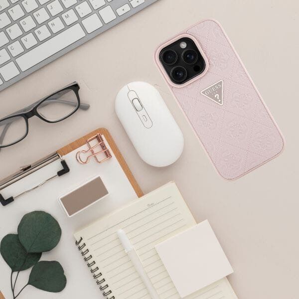 Guess Hot Stamp 4G Pattern Triangle Metal Logo iPhone 16 Pro Case Pink