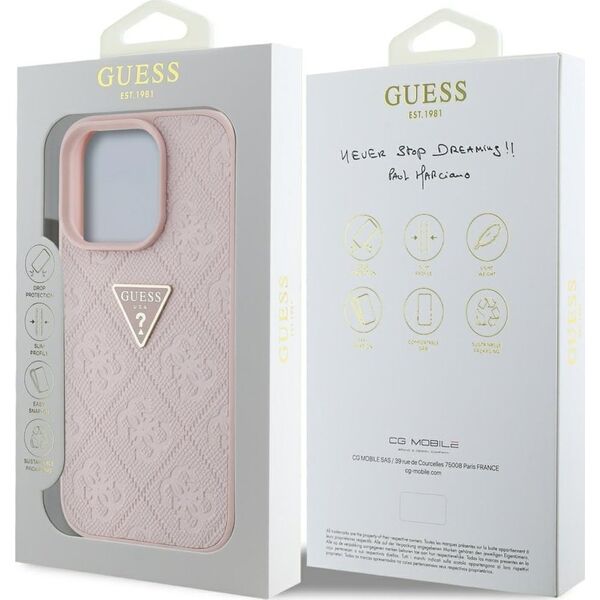 Guess Hot Stamp 4G Pattern Triangle Metal Logo iPhone 16 Pro Case Pink