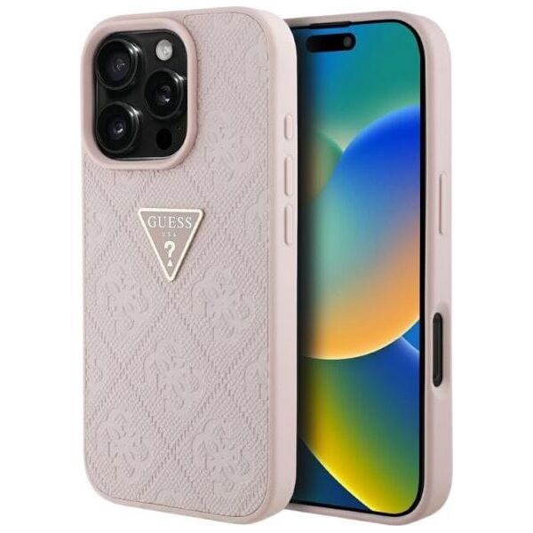 Guess Hot Stamp 4G Pattern Triangle Metal Logo iPhone 16 Pro Case Pink