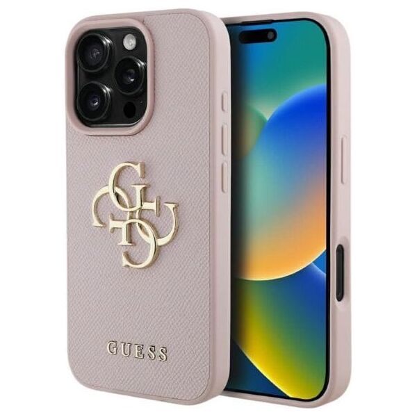 Guess Grained Big 4G Logo Small Classic Logo Case for iPhone 16 Pro Pink