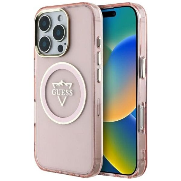Guess IML Metal Mountain Logo MagSafe Case for iPhone 16 Pro Max Pink