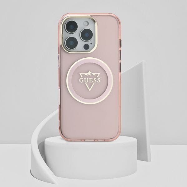 Guess IML Metal Mountain Logo MagSafe Case for iPhone 16 Pro Pink