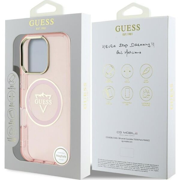 Guess IML Metal Mountain Logo MagSafe Case for iPhone 16 Pro Pink