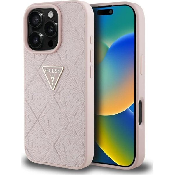 Guess Hot Stamp 4G Pattern Triangle Metal Logo Case for iPhone 16 Pro Max Pink