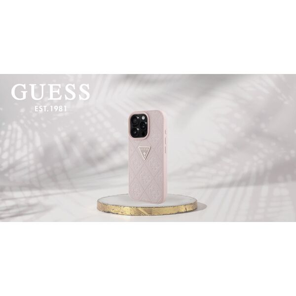 Guess Hot Stamp 4G Pattern Triangle Metal Logo Case for iPhone 16 Pro Max Pink