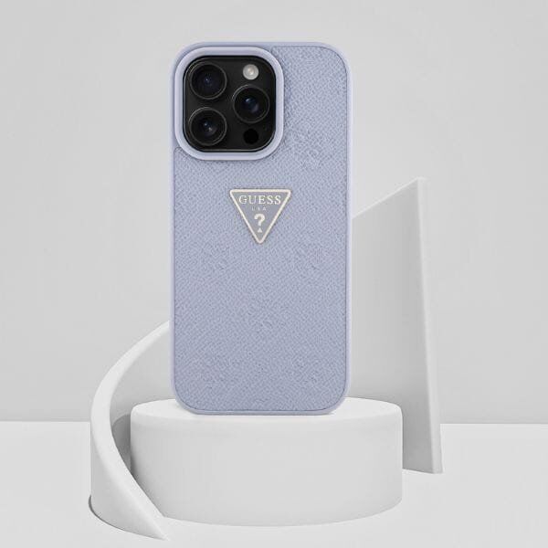 Guess Hot Stamp 4G Pattern Triangle Metal Logo Case for iPhone 16 Pro Purple