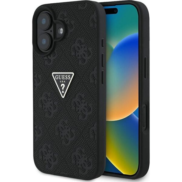 Guess Hot Stamp 4G Pattern Triangle Metal Logo case for iPhone 16 black