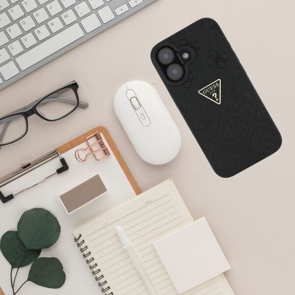 Guess Hot Stamp 4G Pattern Triangle Metal Logo case for iPhone 16 black
