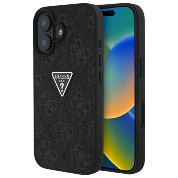 Guess Hot Stamp 4G Pattern Triangle Metal Logo case for iPhone 16 black