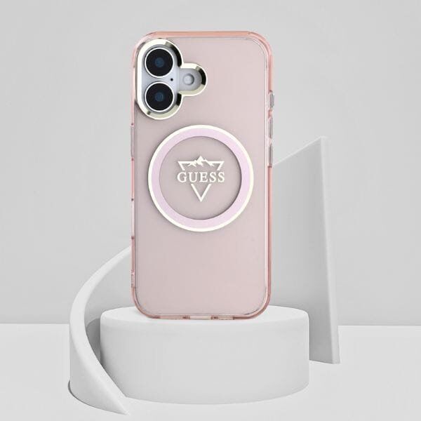 Guess IML Metal Mountain Logo MagSafe iPhone 16 Case Pink