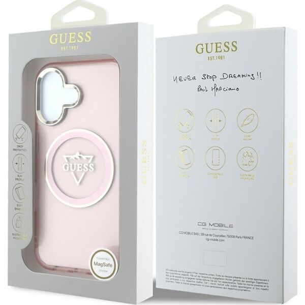Guess IML Metal Mountain Logo MagSafe iPhone 16 Case Pink