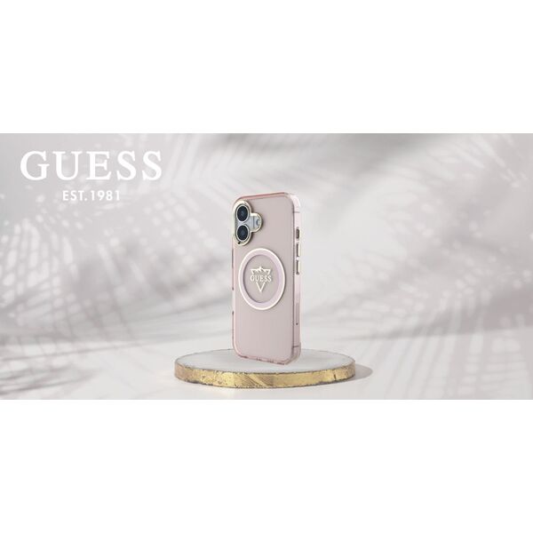 Guess IML Metal Mountain Logo MagSafe iPhone 16 Case Pink
