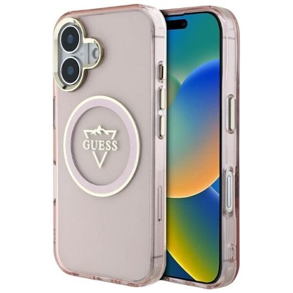 Guess IML Metal Mountain Logo MagSafe iPhone 16 Case Pink