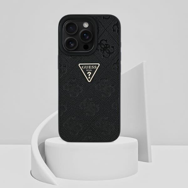 Guess Hot Stamp 4G Pattern Triangle Metal Logo case for iPhone 16 Pro black