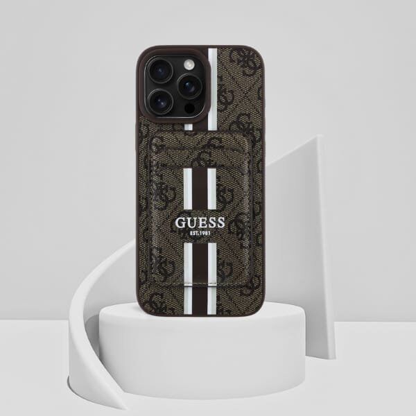 Etui Guess 4G Stripes z portfelem         Magsafe do iPhone 16 Pro Max brązowy