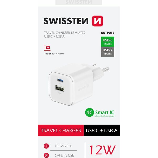 Φορτιστής Ταξιδιού Swissten 12W USB-C / USB-A