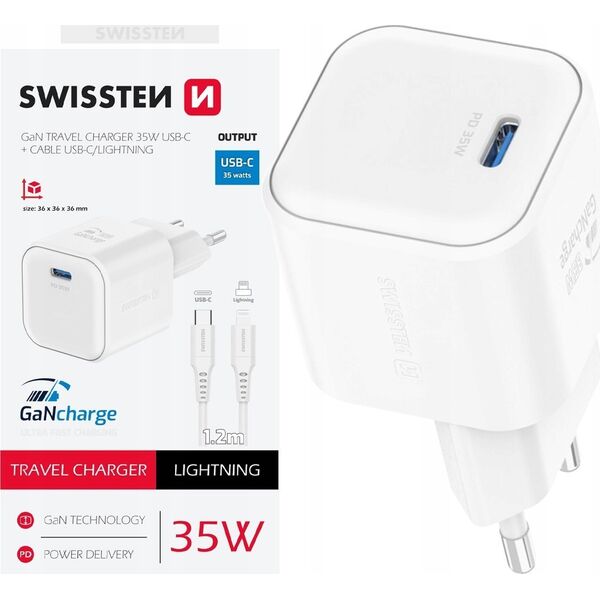 Φορτιστής Ταξιδιού Swissten GaN USB-C 35W PD + Καλώδιο Δεδομένων USB-C - Lightning 1.2m