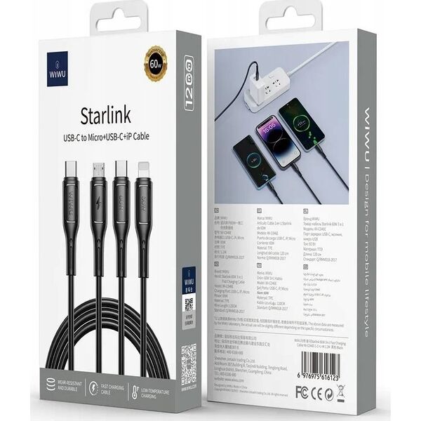 WiWU - Καλώδιο USB σειράς Starlink Wi-C046E 3 σε 1 USB C σε USB C, Micro USB, Lightning 60W 1m - μαύρο