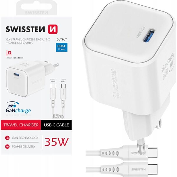 Φορτιστής Ταξιδιού Swissten GaN USB-C 35W PD + Καλώδιο Δεδομένων USB-C - USB-C 1.2m