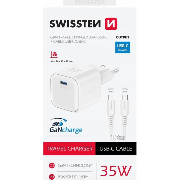 Φορτιστής Ταξιδιού Swissten GaN USB-C 35W PD + Καλώδιο Δεδομένων USB-C - USB-C 1.2m