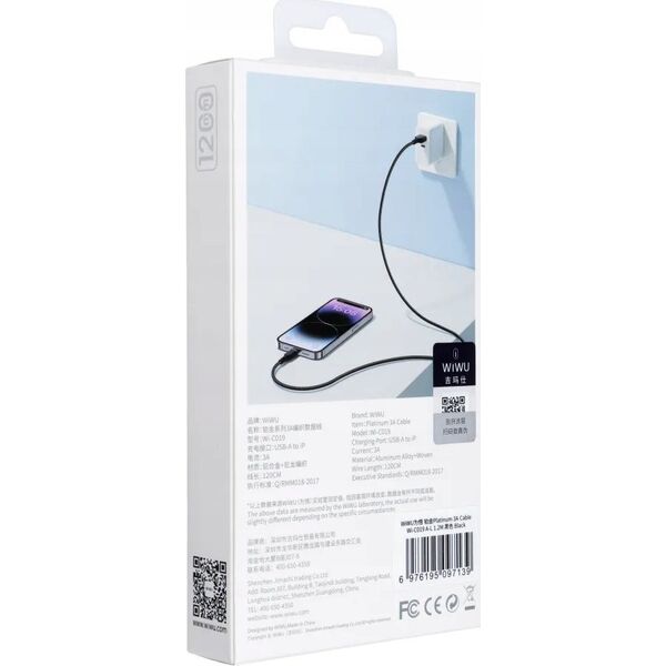 WiWU - Καλώδιο USB σειράς Platinum Wi-C019 USB A σε Lightning 3A 1,2m - μαύρο