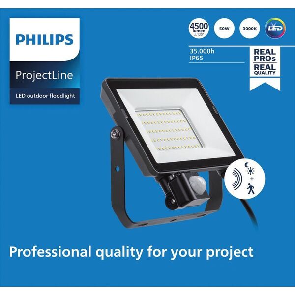LED προβολέας PHILIPS, IP65, 50W, 3000K, 4500lm, με αισθητήρα κίνησης, μαύρο, 22.3x5.7x21 cm