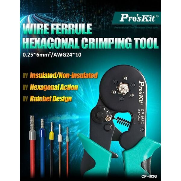 Πένσες εξάγωνου σχήματος για πτύχωση 0.5-6mm2 CP-463G Pro'sKit