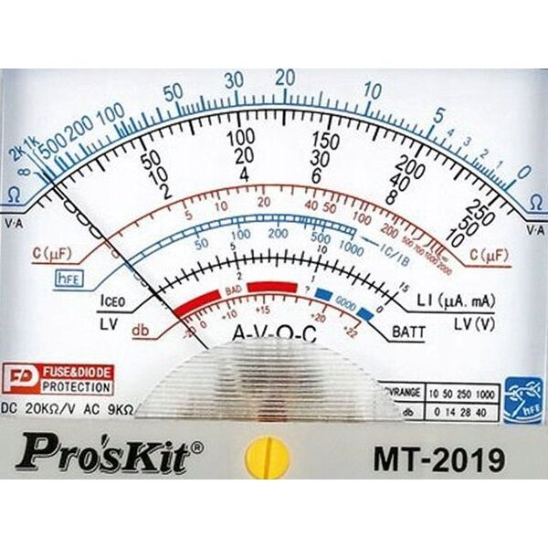 Αναλογικό πολύμετρο 0.1-1000V AC/DC, 0.05-250mA DC, με μέτρηση αντίστασης και χωρητικότητας, τρανζίστορ, διόδων, δοκιμή κυκλώματος, Pro'sKit